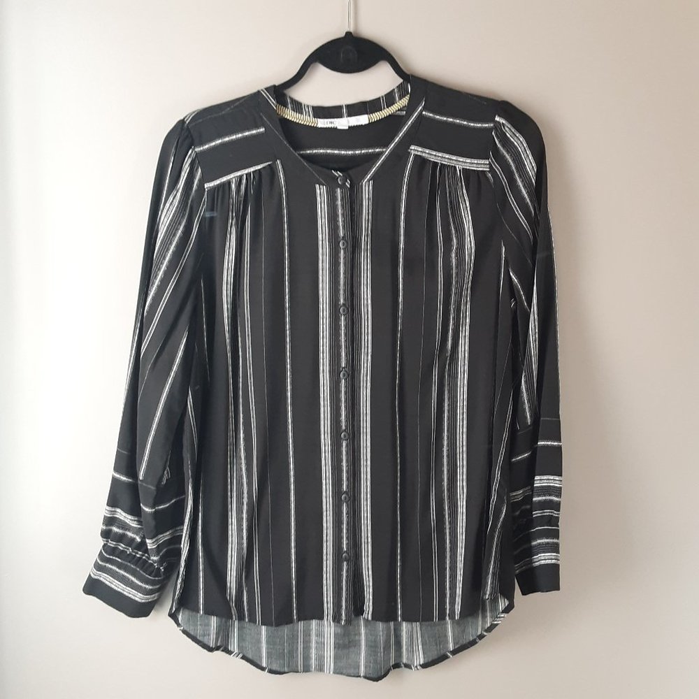 DR2 Black Striped Flowy Button-up Blouse Top Size Medium